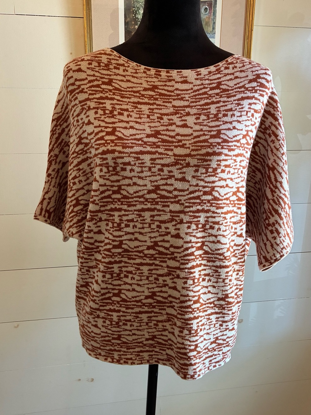 The Reset 100% Wool Short Sleeve Knit Batwing Sweater Top Rust Cream S/M
Fall